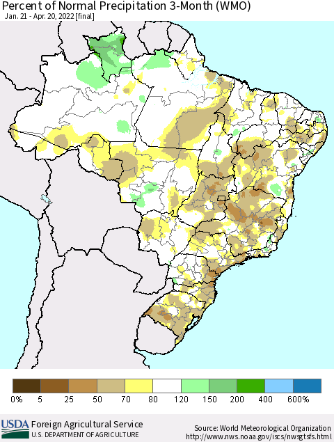 Brazil Percent of Normal Precipitation 3-Month (WMO) Thematic Map For 1/21/2022 - 4/20/2022