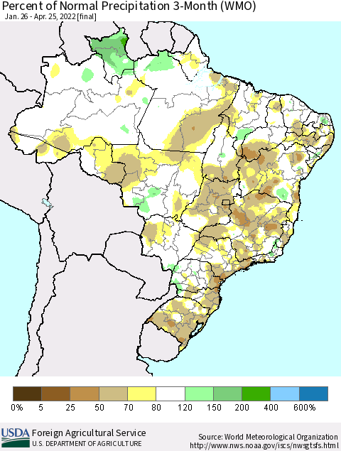 Brazil Percent of Normal Precipitation 3-Month (WMO) Thematic Map For 1/26/2022 - 4/25/2022