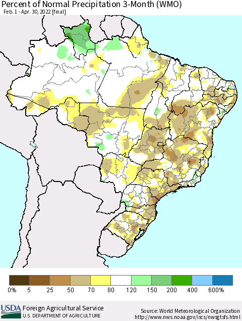 Brazil Percent of Normal Precipitation 3-Month (WMO) Thematic Map For 2/1/2022 - 4/30/2022