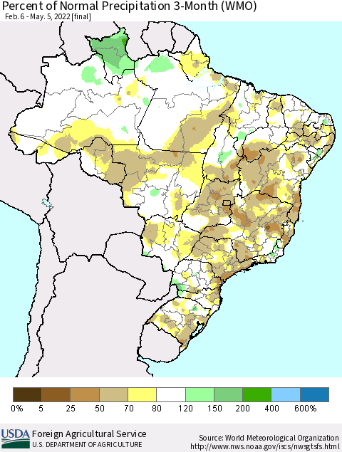 Brazil Percent of Normal Precipitation 3-Month (WMO) Thematic Map For 2/6/2022 - 5/5/2022