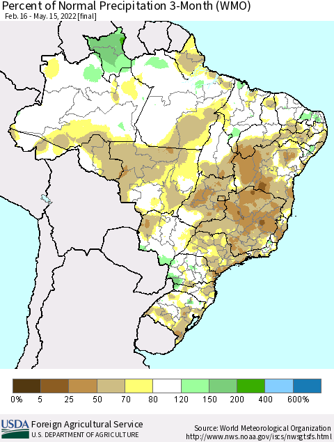 Brazil Percent of Normal Precipitation 3-Month (WMO) Thematic Map For 2/16/2022 - 5/15/2022