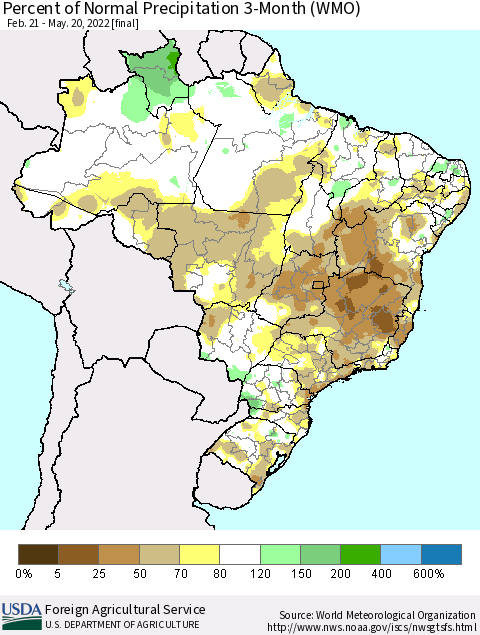 Brazil Percent of Normal Precipitation 3-Month (WMO) Thematic Map For 2/21/2022 - 5/20/2022