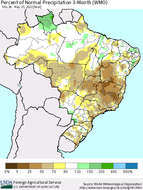 Brazil Percent of Normal Precipitation 3-Month (WMO) Thematic Map For 2/26/2022 - 5/25/2022