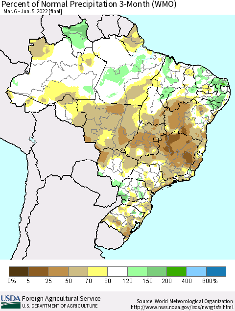Brazil Percent of Normal Precipitation 3-Month (WMO) Thematic Map For 3/6/2022 - 6/5/2022