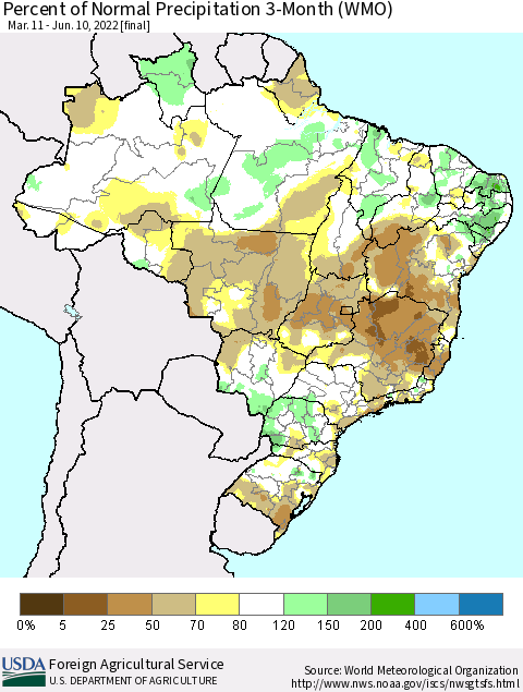Brazil Percent of Normal Precipitation 3-Month (WMO) Thematic Map For 3/11/2022 - 6/10/2022