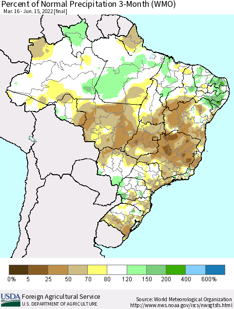 Brazil Percent of Normal Precipitation 3-Month (WMO) Thematic Map For 3/16/2022 - 6/15/2022
