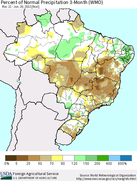 Brazil Percent of Normal Precipitation 3-Month (WMO) Thematic Map For 3/21/2022 - 6/20/2022