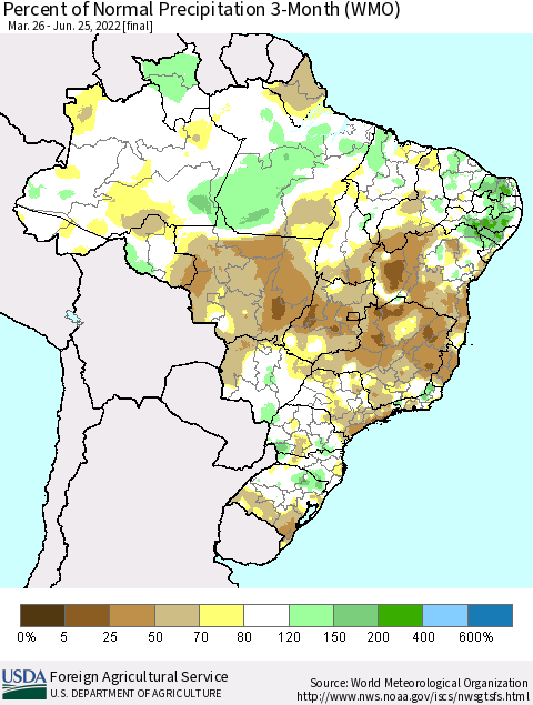 Brazil Percent of Normal Precipitation 3-Month (WMO) Thematic Map For 3/26/2022 - 6/25/2022