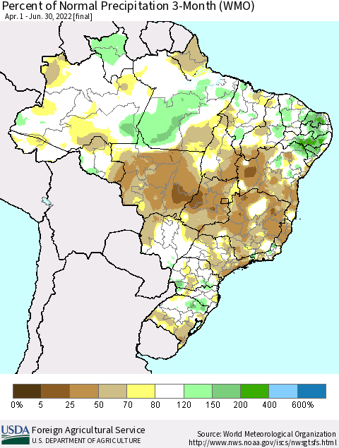 Brazil Percent of Normal Precipitation 3-Month (WMO) Thematic Map For 4/1/2022 - 6/30/2022