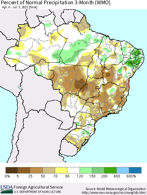 Brazil Percent of Normal Precipitation 3-Month (WMO) Thematic Map For 4/6/2022 - 7/5/2022