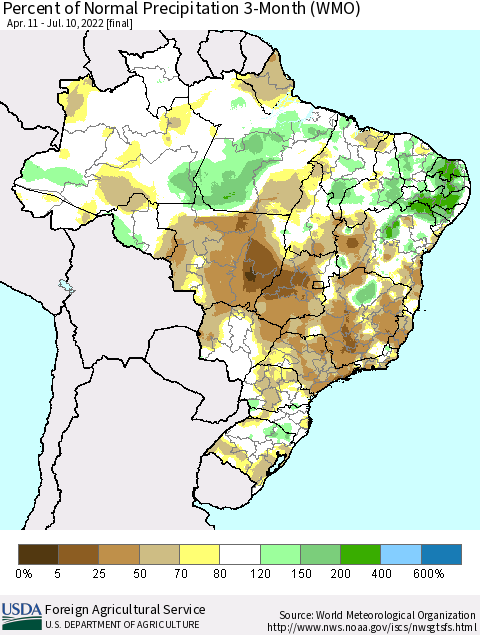 Brazil Percent of Normal Precipitation 3-Month (WMO) Thematic Map For 4/11/2022 - 7/10/2022
