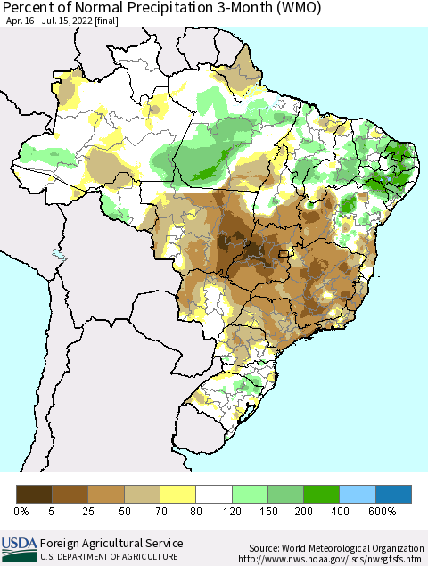 Brazil Percent of Normal Precipitation 3-Month (WMO) Thematic Map For 4/16/2022 - 7/15/2022