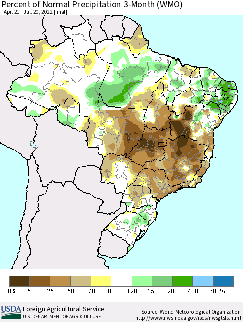 Brazil Percent of Normal Precipitation 3-Month (WMO) Thematic Map For 4/21/2022 - 7/20/2022