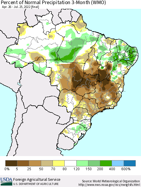 Brazil Percent of Normal Precipitation 3-Month (WMO) Thematic Map For 4/26/2022 - 7/25/2022