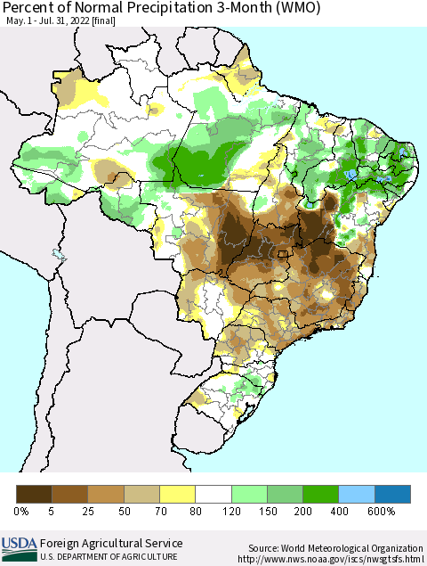 Brazil Percent of Normal Precipitation 3-Month (WMO) Thematic Map For 5/1/2022 - 7/31/2022