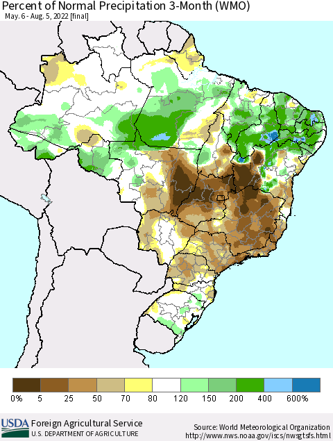 Brazil Percent of Normal Precipitation 3-Month (WMO) Thematic Map For 5/6/2022 - 8/5/2022