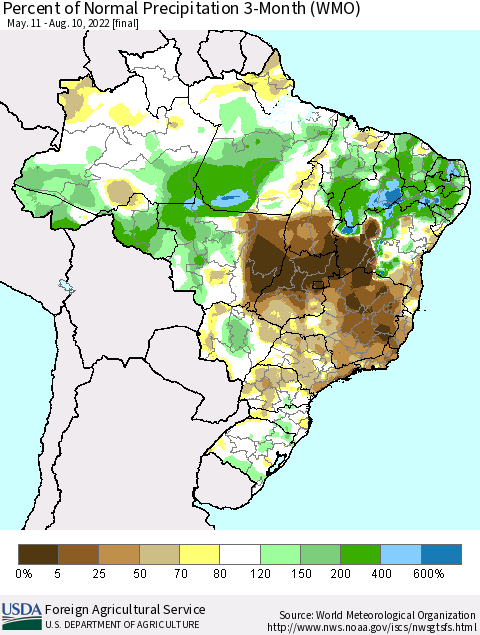 Brazil Percent of Normal Precipitation 3-Month (WMO) Thematic Map For 5/11/2022 - 8/10/2022