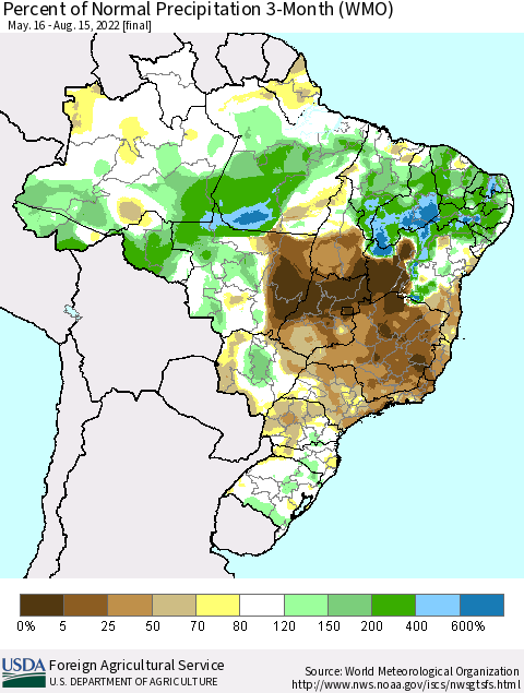 Brazil Percent of Normal Precipitation 3-Month (WMO) Thematic Map For 5/16/2022 - 8/15/2022