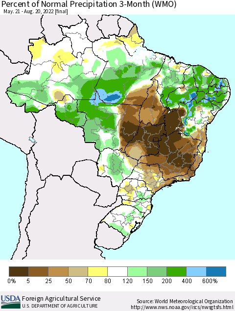 Brazil Percent of Normal Precipitation 3-Month (WMO) Thematic Map For 5/21/2022 - 8/20/2022