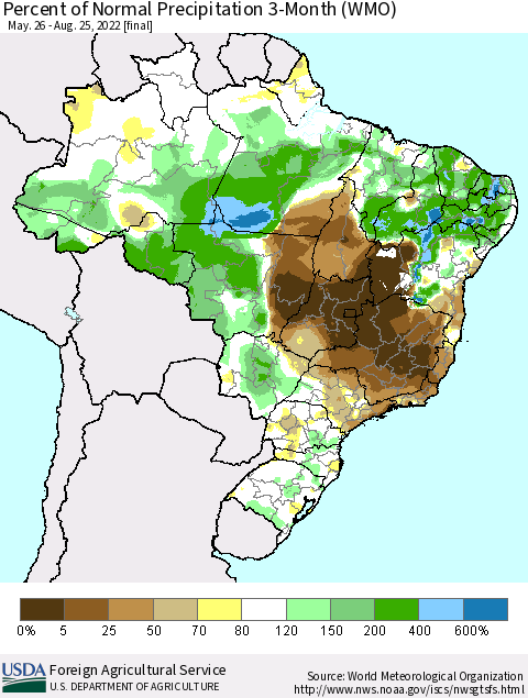 Brazil Percent of Normal Precipitation 3-Month (WMO) Thematic Map For 5/26/2022 - 8/25/2022