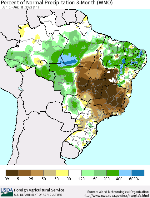 Brazil Percent of Normal Precipitation 3-Month (WMO) Thematic Map For 6/1/2022 - 8/31/2022