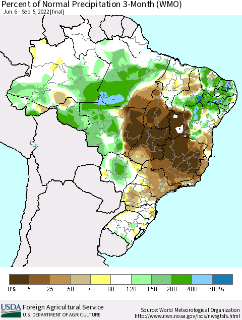 Brazil Percent of Normal Precipitation 3-Month (WMO) Thematic Map For 6/6/2022 - 9/5/2022