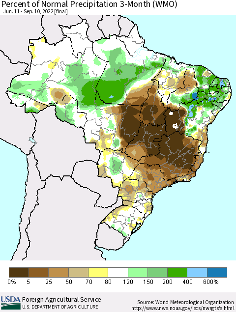 Brazil Percent of Normal Precipitation 3-Month (WMO) Thematic Map For 6/11/2022 - 9/10/2022