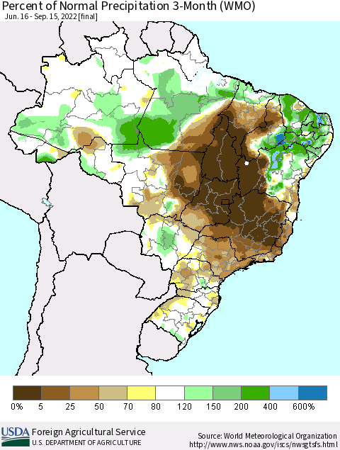 Brazil Percent of Normal Precipitation 3-Month (WMO) Thematic Map For 6/16/2022 - 9/15/2022