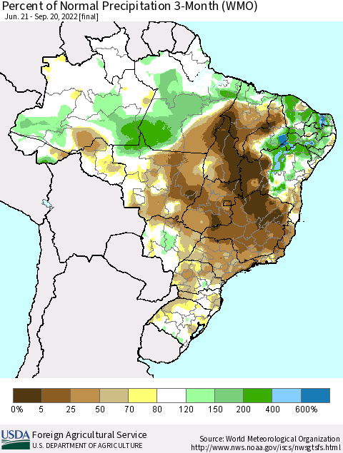 Brazil Percent of Normal Precipitation 3-Month (WMO) Thematic Map For 6/21/2022 - 9/20/2022
