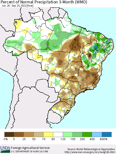 Brazil Percent of Normal Precipitation 3-Month (WMO) Thematic Map For 6/26/2022 - 9/25/2022