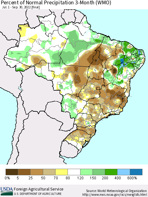 Brazil Percent of Normal Precipitation 3-Month (WMO) Thematic Map For 7/1/2022 - 9/30/2022