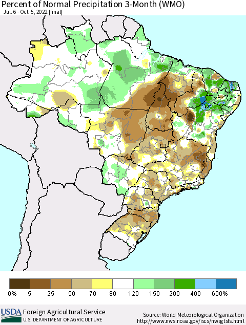 Brazil Percent of Normal Precipitation 3-Month (WMO) Thematic Map For 7/6/2022 - 10/5/2022