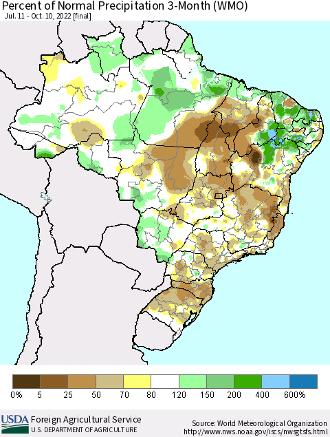 Brazil Percent of Normal Precipitation 3-Month (WMO) Thematic Map For 7/11/2022 - 10/10/2022