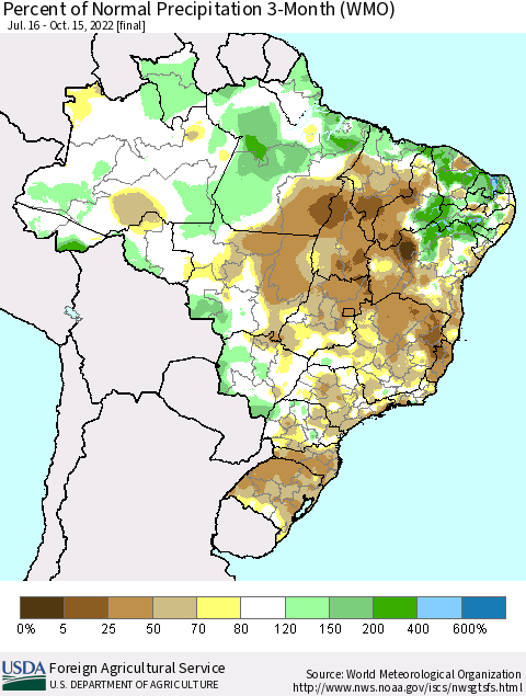 Brazil Percent of Normal Precipitation 3-Month (WMO) Thematic Map For 7/16/2022 - 10/15/2022