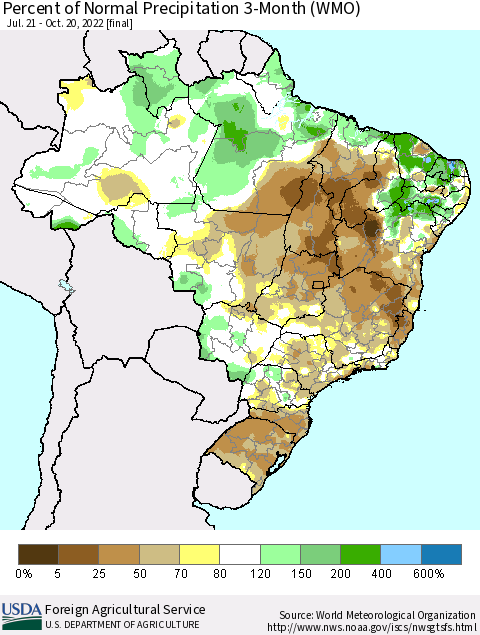 Brazil Percent of Normal Precipitation 3-Month (WMO) Thematic Map For 7/21/2022 - 10/20/2022