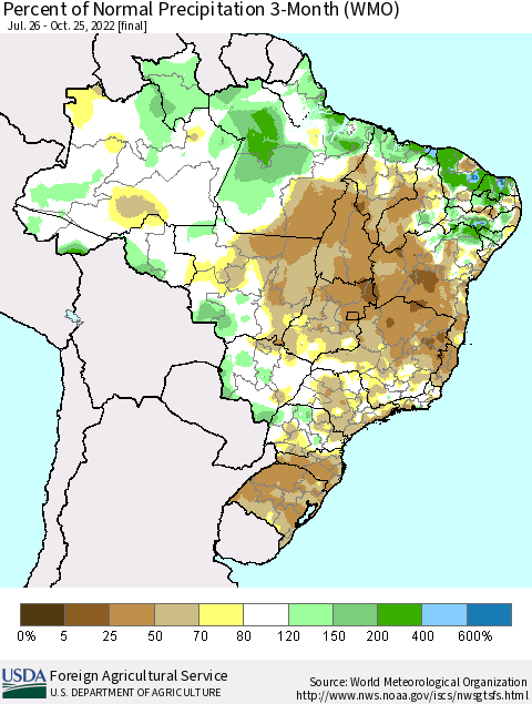 Brazil Percent of Normal Precipitation 3-Month (WMO) Thematic Map For 7/26/2022 - 10/25/2022