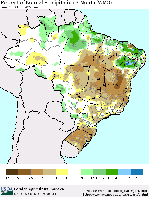 Brazil Percent of Normal Precipitation 3-Month (WMO) Thematic Map For 8/1/2022 - 10/31/2022