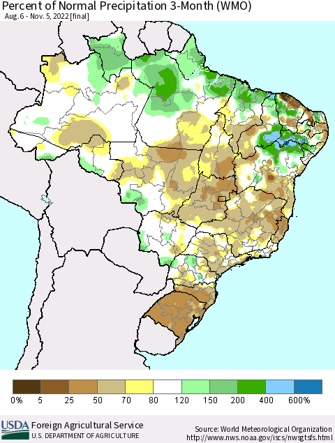 Brazil Percent of Normal Precipitation 3-Month (WMO) Thematic Map For 8/6/2022 - 11/5/2022