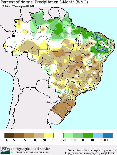 Brazil Percent of Normal Precipitation 3-Month (WMO) Thematic Map For 8/11/2022 - 11/10/2022