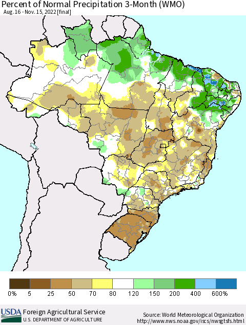 Brazil Percent of Normal Precipitation 3-Month (WMO) Thematic Map For 8/16/2022 - 11/15/2022