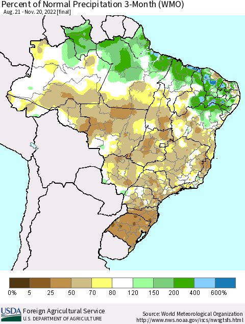 Brazil Percent of Normal Precipitation 3-Month (WMO) Thematic Map For 8/21/2022 - 11/20/2022