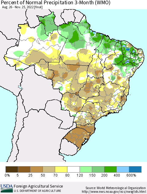 Brazil Percent of Normal Precipitation 3-Month (WMO) Thematic Map For 8/26/2022 - 11/25/2022