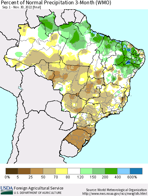 Brazil Percent of Normal Precipitation 3-Month (WMO) Thematic Map For 9/1/2022 - 11/30/2022