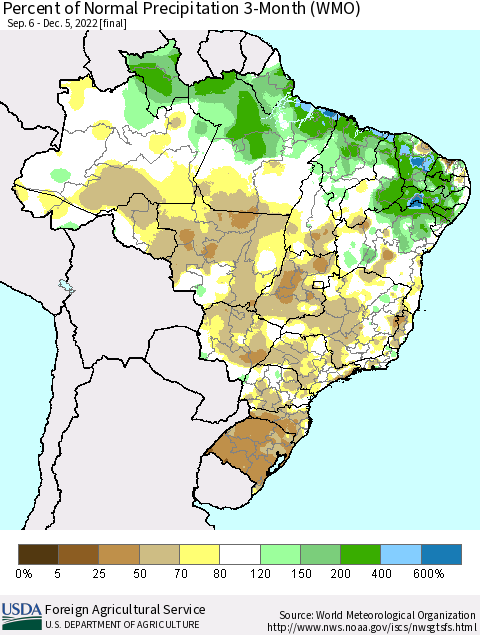 Brazil Percent of Normal Precipitation 3-Month (WMO) Thematic Map For 9/6/2022 - 12/5/2022