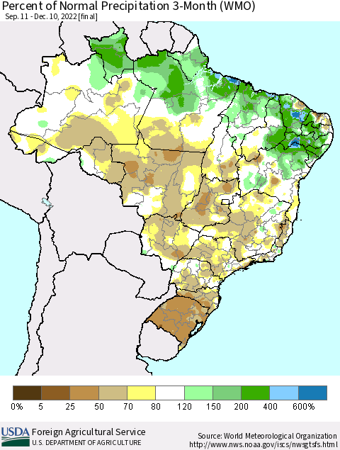 Brazil Percent of Normal Precipitation 3-Month (WMO) Thematic Map For 9/11/2022 - 12/10/2022