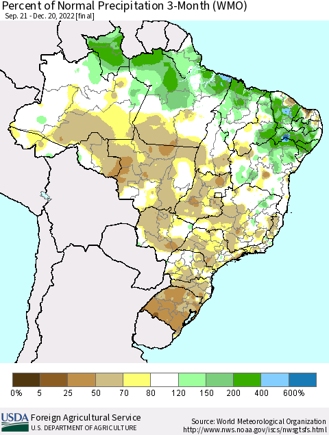 Brazil Percent of Normal Precipitation 3-Month (WMO) Thematic Map For 9/21/2022 - 12/20/2022