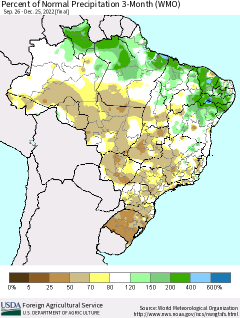 Brazil Percent of Normal Precipitation 3-Month (WMO) Thematic Map For 9/26/2022 - 12/25/2022