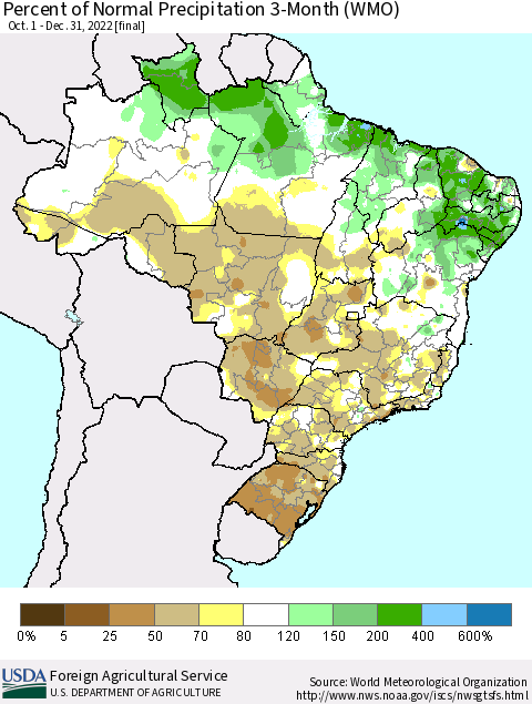 Brazil Percent of Normal Precipitation 3-Month (WMO) Thematic Map For 10/1/2022 - 12/31/2022