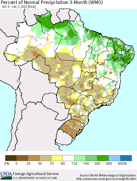 Brazil Percent of Normal Precipitation 3-Month (WMO) Thematic Map For 10/6/2022 - 1/5/2023