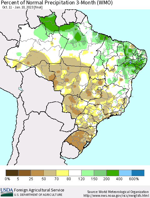 Brazil Percent of Normal Precipitation 3-Month (WMO) Thematic Map For 10/11/2022 - 1/10/2023